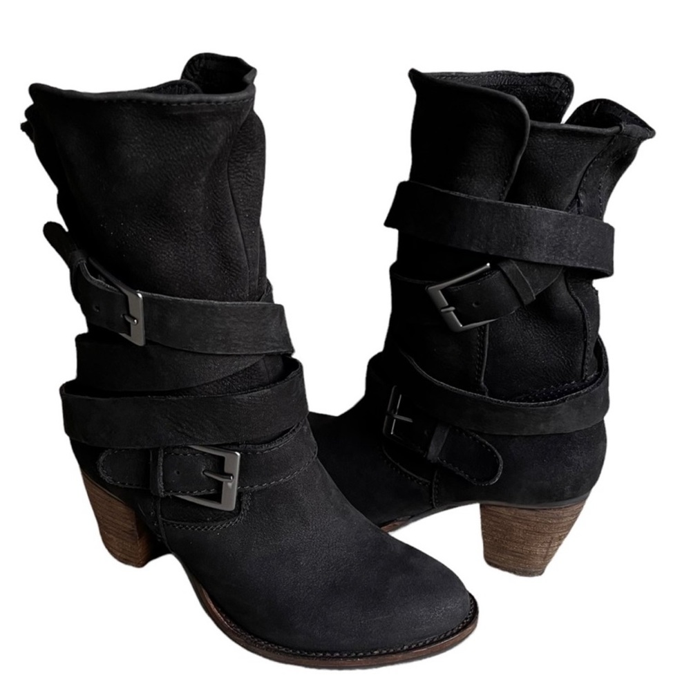 STEVE MADDEN STEVEN JOHNNYY Black Suede Nubuck Leather Boots Buckles Straps 7.5